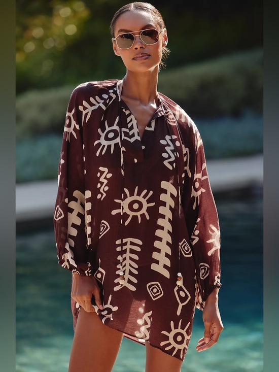 Anthropologie Dresses & Skirts - Anthropologie Tie-Neck Printed Mini Kaftan Dress Tunic Brown White Abstract